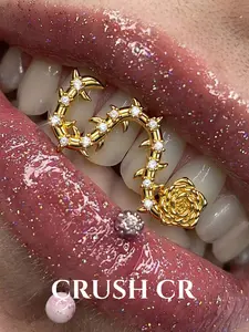CRUSH CR 1pc Rose Thorn Tooth Cap Grillz – 18K Gold Plated Copper with CZ, Romantic & Edgy Hip-Hop Jewelry for Black Women, Girls & Men. Perfect for Valentine’s Day, Date Night, Couple Gifts, Halloween & Y2K K-Pop Style Teeth Cover Girls, Tooth Gems