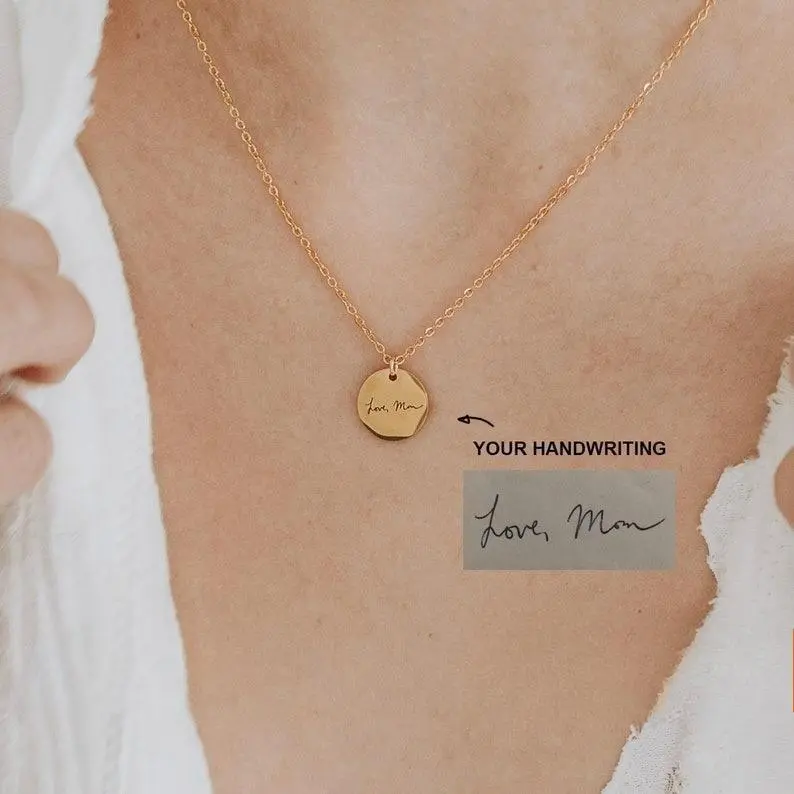 AS258 Personalized Custom Handwritten Round Brand Pendant Stainless Steel Meaningful Necklace Holiday Birthday Anniversary Gift