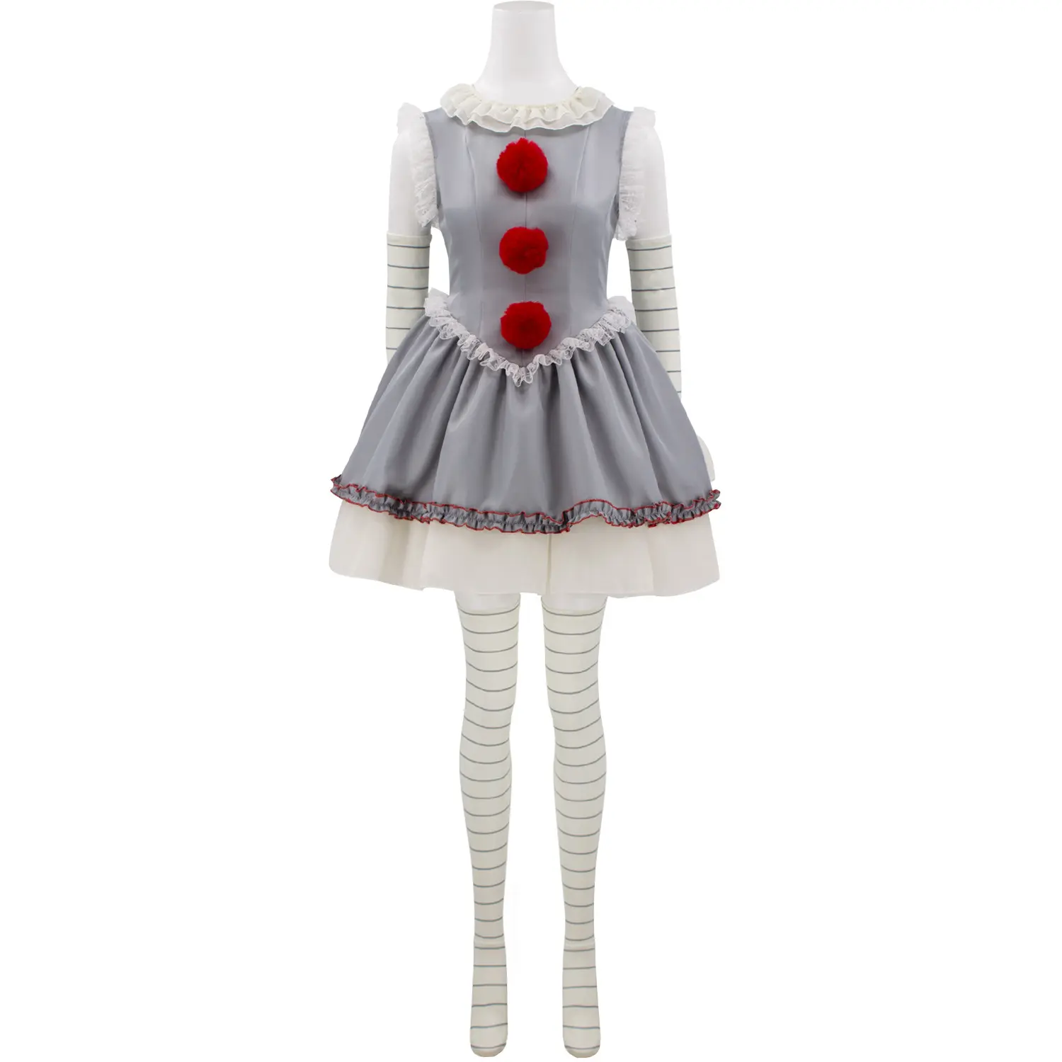 Women‘s Gray Clown Dress Costume with Leggings and Sleeve Covers for Halloween