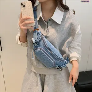 Women’s Washed Denim Sling Bag, Large Capacity Crossbody Chest Bag, Casual Adjustable Shoulder Fanny Pack with Phone Pocket, Lightweight Everyday Messenger Bag for Travel, Shopping, School, Commuting and Streetwear