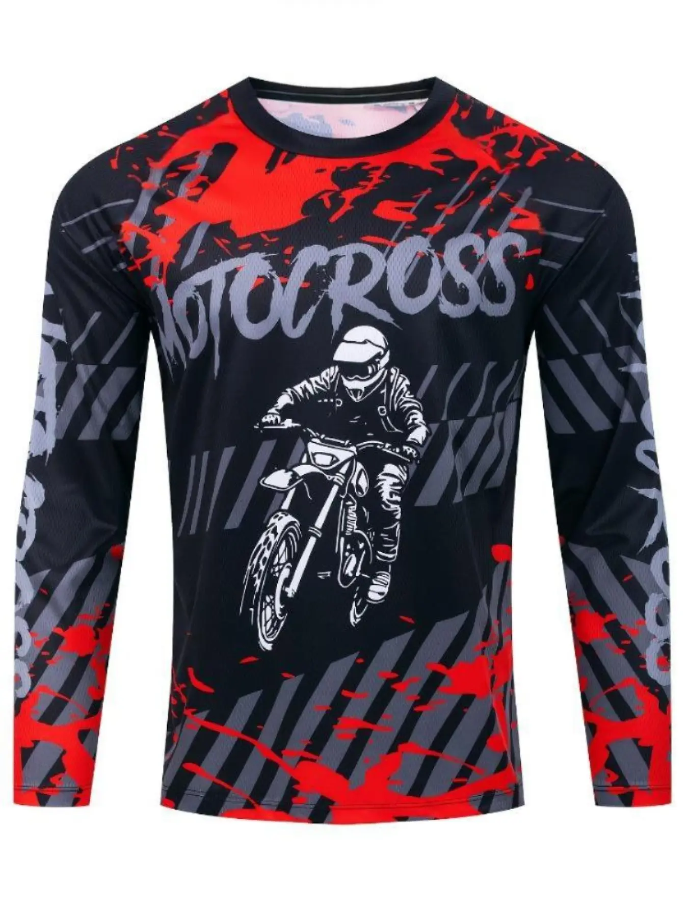 Men's Motocross Jersey - Black & Red Geometric Design, Long Sleeve, Knit Fabric, Ideal for Downhill, Cycling, Off-Road & Mountain Biking, Mountain Bike Jerse, Motorcycle Jersey, Sports Jersey, Sport Outdoor Clothing, Sport Outdoor Clothes