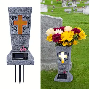 Solar Cemetery Grave Vase with LED – Headstone Flower Vase with Ground Spike for Fresh/Artificial Flowers – Memorial Grave Decor – Tribute Gift for Loss of Loved One