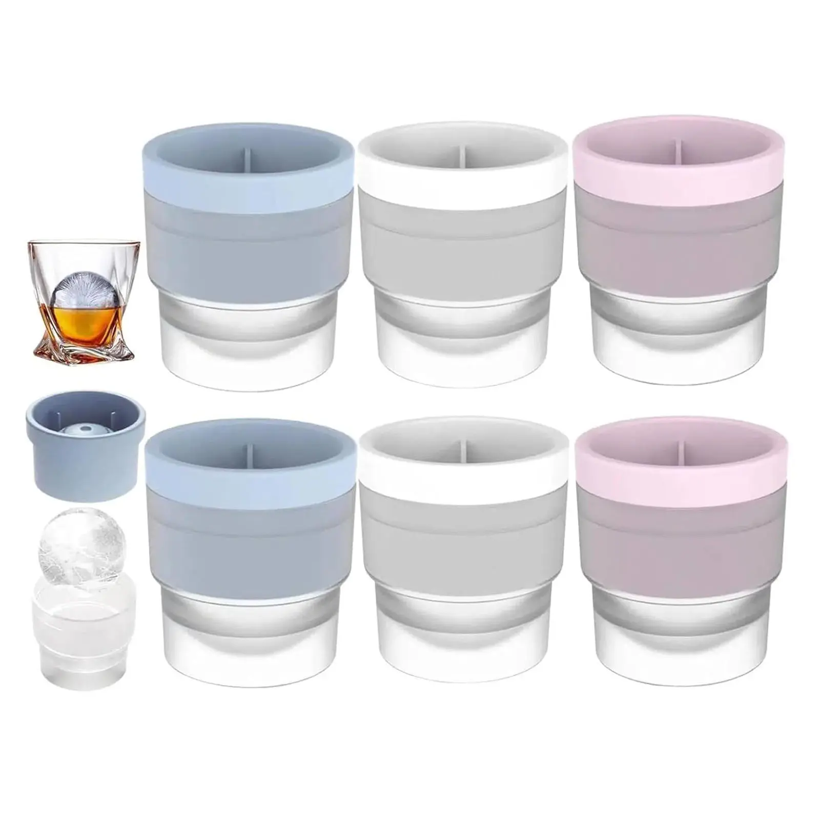 6 Pack Ice Ball Maker, Round Ball ice Cube Mold for Whiskey, Cocktails Juice Beverages, Bourbon, Old Fashioned Clear Ice Cube Mold, Silicone Freezer Press