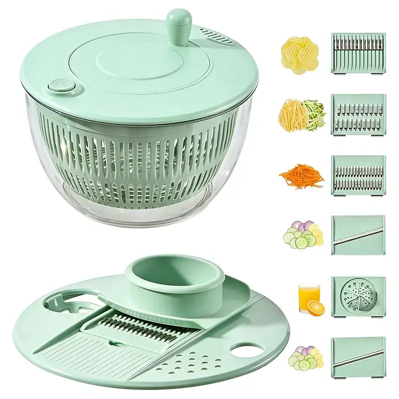Salad Spinner Large, 3 IN 1 Vegetable and Fruit Washing Bowl with Strainer, Lettuce Spinner with 5 Blades Slicer, Egg Yolk Strainer, Salad Bowl for Efficient Salad Preparation, 5.3 Qt Kitchen Gadgets Set