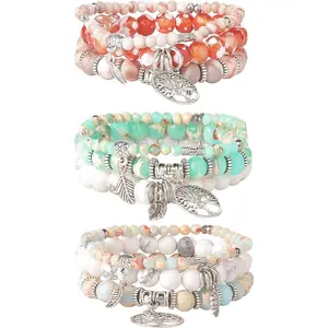 FINREZIO 3 Sets Colorful Bohemian Stackable Beaded Bracelets for Women Men Natural Red Agate Synthetic Snakeskin Bead Wrap Bracelets with Tree of Life Charms Boho Layered Stretch Bracelets Set for Summer Beach Yoga Gift Giving