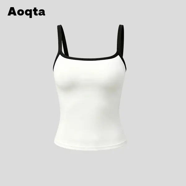 Aoqta Women's Stretch Knit Fitness Workout Vest, Sporty Chic Square Neck Halter Spaghetti Strap Cropped Top, Black-White Contrast Trim, Moisture Wick Quick Dry Activewear, Made for Yoga Gym Street Style Gym Streetwear