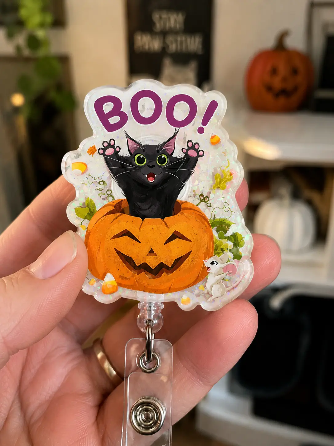 Halloween Theme Boo Black Cat Badge Reel - Premium Acrylic Glitter Shifts Glossy Finish Multi-Size Retractable Clip Badge Holder for Nurses