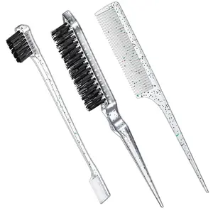 3 Pcs Slick Back Hair Brush Set Bristle Brush Edge Control Teasing Comb for Women Black Hair(Clear Red)