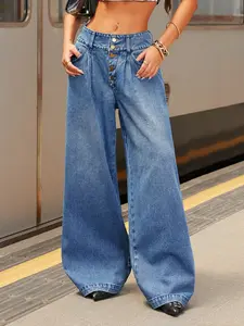 Women's Casual Denim Wide Leg Pants, Pure Color Water Washed Jeans, Front Button Pockets Zipper Design, All-Season Fashion