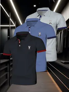 Men's Rabbit Print Polo Shirt, Regular Fit Casual Short Sleeve Button Collar Top for Summer, Men's Clothes for Daily Wear