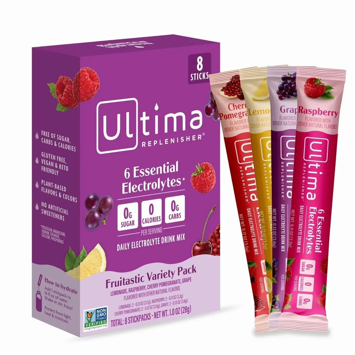 Ultima Replenisher, Electrolyte Drink Mix Packets, Sugar Free Daily Hydration Powder, Fruitastic Variety Pack, 8 Count Stickpacks