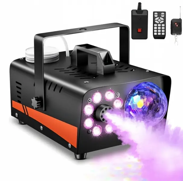 Portable Fog Smoke Machine with Built-in Disco Ball & Multi Color LED Lights, Wired & Wireless Dual Remote Control Fog Generator for Halloween Wedding Birthday Party DJ Disco Photography Indoor Outdoor Events