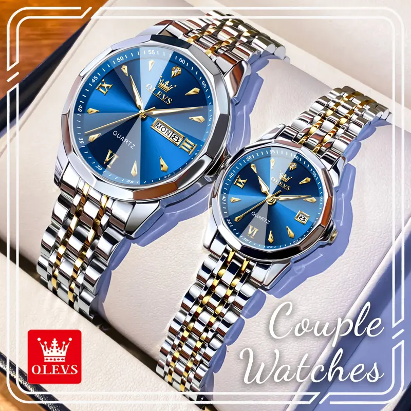 OLEVS His & Hers Couple Watch Set, Stainless Steel Analog Quartz Watches with Sunburst Round Face, Diamond Accent, Luminous Hands, Day-Date Window, Buckle Closure and 3ATM Water Resistant, Analog Quartz Watch, Steel Strap