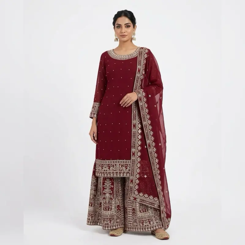 Women's Red Sharara Gharara Suit, 3-Piece Indian Party Wear Outfit with Intricate Embroidery and Dupatta Accessories, Clothes, Ethnic Formal Dresses, New, Full Length, Long, All Seasons