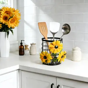 Sunflower Flatware Storage Basket | Open Kitchen Countertop Organizer, Iron Material with Varnished Finish, Stylish & Functional Housewarming Gift