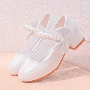 Children's High Heel Princess Shoes Girls' Single Shoes 2025 Summer New Comfortable Children's Day Performance White Bow Shoes