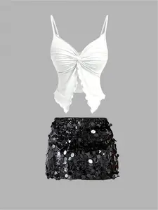 Women's Front Knot Design Strapless Sleeveless Bodycon Top Sequin Skirt Set, Womenswear, Casual Fitted Chic for Party, Fall & Winter Fashion