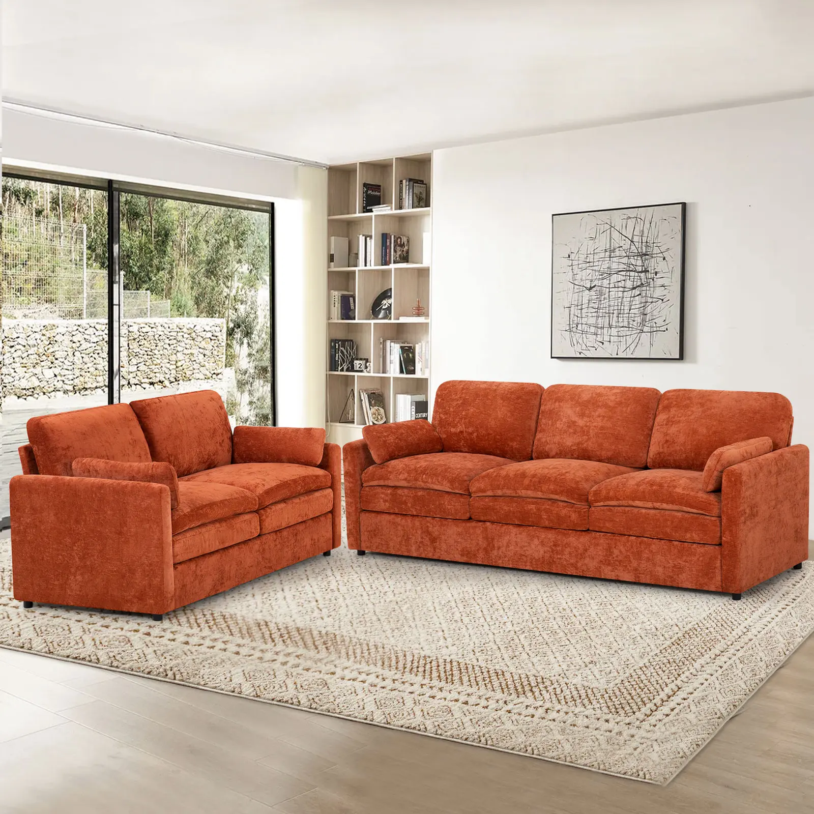 ACMEASE 2 Pieces Comfortable Couch Set w/Thick Seat & Backrest Cushion, Chenille Modern Couch with Soft Pillows, Upholstered 3 Seater & Loveseat Sofa w/Sturdy Frame for Office, Living Room