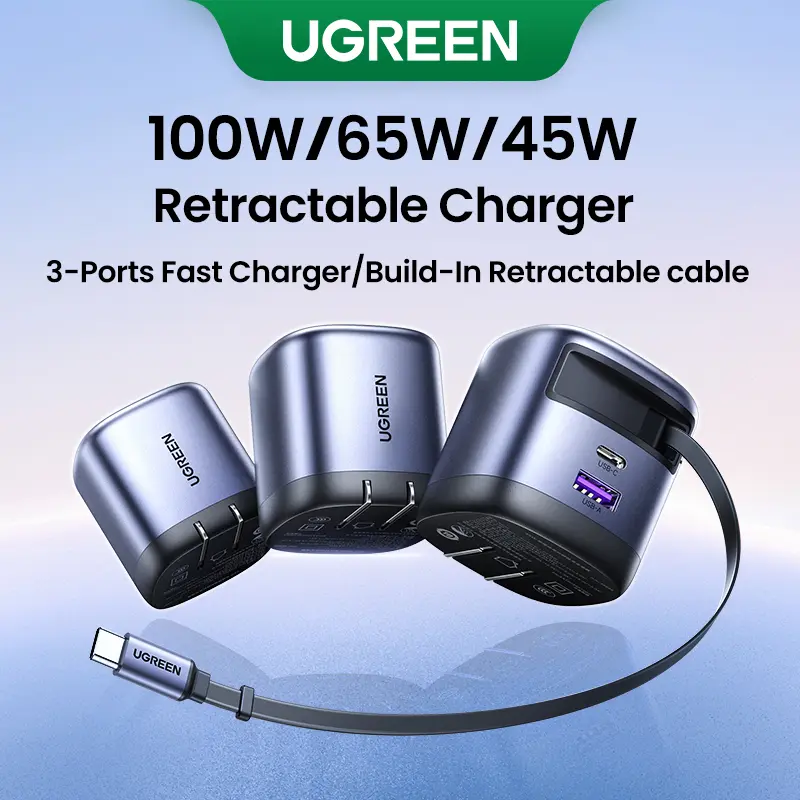 UGREEN 45W/65W/75W/100W 3 in 1 Compact GaN Charger, Retractable USB C Fast Wall Charger with Foldable Plug, Compatable for iPhone 17/16 Series, Galaxy, Pixel, iPad-Cellphone Electronic portable charger,TikTokShopBlackFriday ,TikTokShopHolidayHaul