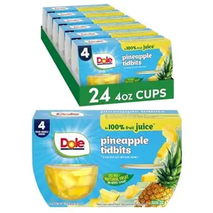 Dole Fruit Bowls Pineapple Tidbits in Juice Snacks, 4oz 24 Total Cups, Gluten & Dairy Free, Bulk Lunch Snacks for Kids & Adults