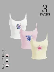 3-Piece Set Women Floral Print Slim Crop Cami Tank Tops, Sleeveless, Y2K Style, Stretchy Soft Breathable Fabric, Perfect for Everyday, Daily Outings, Vacation, Casual Wear & Layering