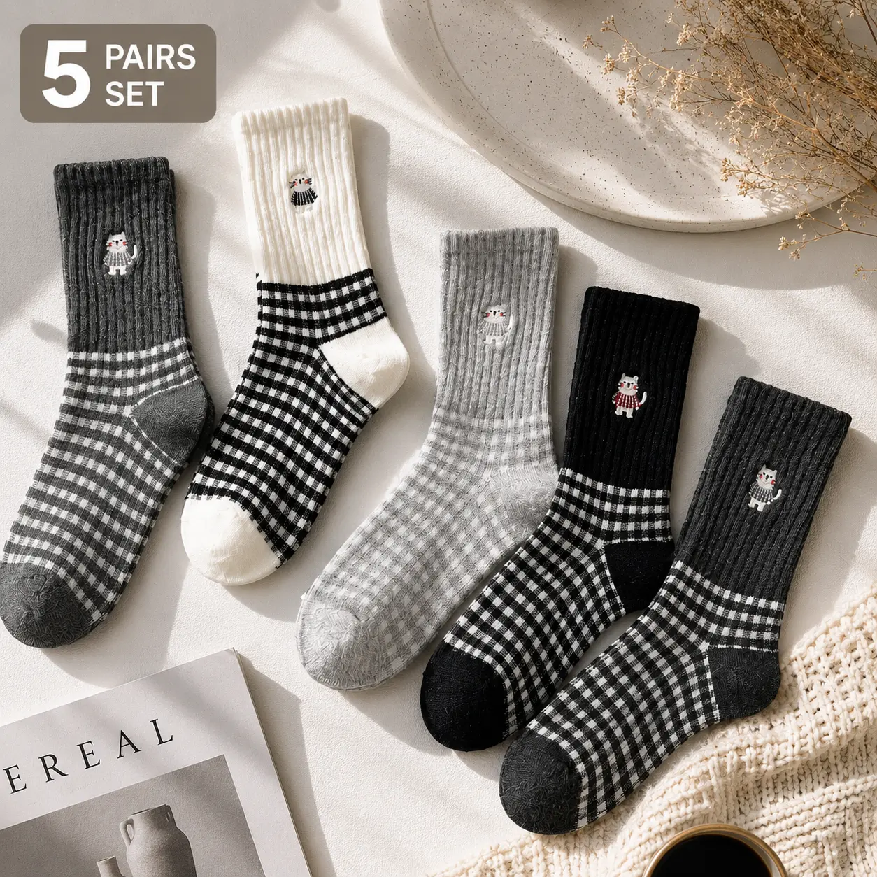 Women's 5-Pairs Cute Cat Embroidered Crew Socks, Soft Breathable Cotton Plaid Stretchy Ribbed Fits Everyday Casual Socks, Lightweight