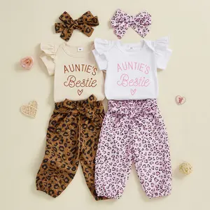 Aunties Bestie Baby Girl Summer Clothes Aunt Saying Letter Embroidery Ruffle Romper Leopard Pants Headband 3Pcs Outfits 0-18M
