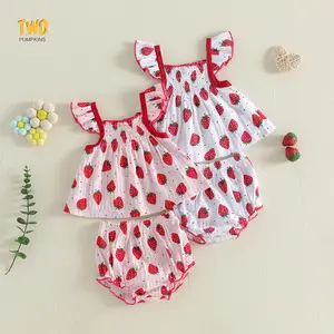 Baby Girl Strawberry Dot Print Clothes Cute Ruffle Tops Dress Shorts Outfits Set Infant Toddler Shrit Bloomers Princess Outfit