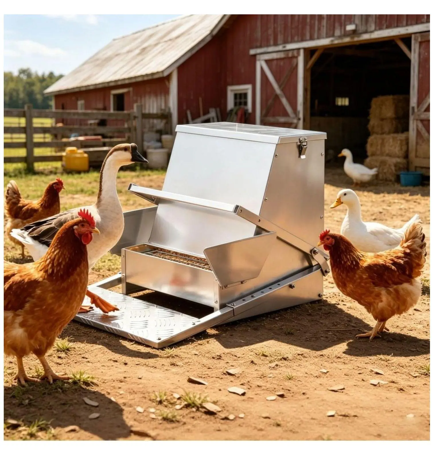 40lbs Capacity Galvanized Steel Automatic Treadle Chicken Feeder - Rodent-Proof, Soundproof, Adjustable Height - For Chickens, Pellets, Crumbles - Reduces Waste, Durable Poultry Feeder