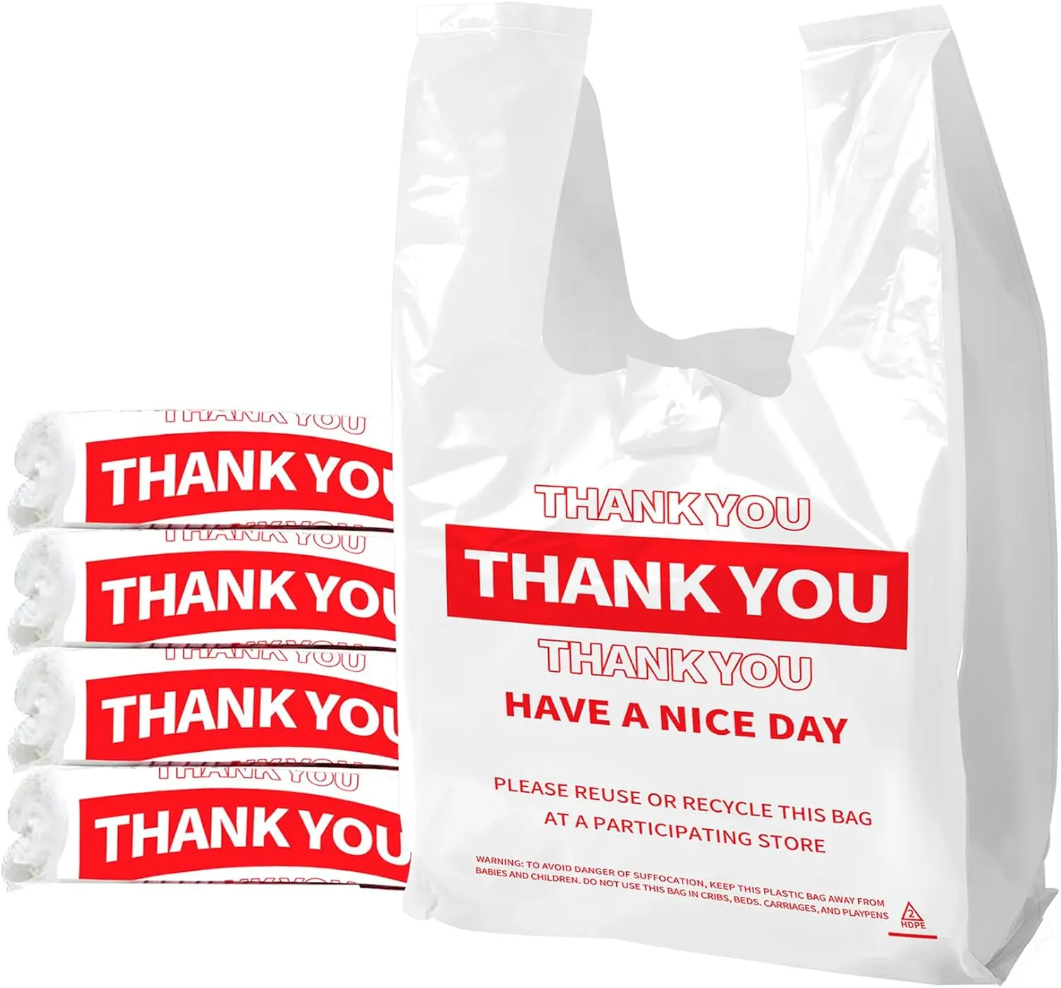 100 Pack White Thank You Plastic Bags with Handles Heavy Duty HDPE T Shirt Shopping Bags 11.5 x 6.5 x 21 Inch for Grocery Retail Small Business Merchandise and Takeout
