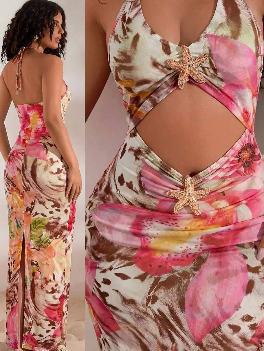 V-Neck Halter Knit Bodycon Dress, Cutout Back Slit Sexy Summer Dress for Beach Vacation Party