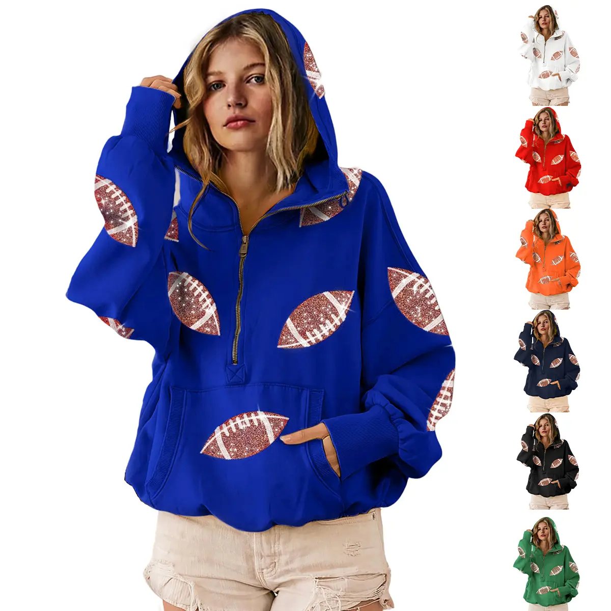 Mundoven Women's Oversized Game Day Hoodie - Lady's Casual Longsleeves Top, Half-Zip Pullover with Sequins Football Print, Kangaroo Pocket, Women's Clothes Sweatshirt,summerwins summerwins,back to school,back to school shopping