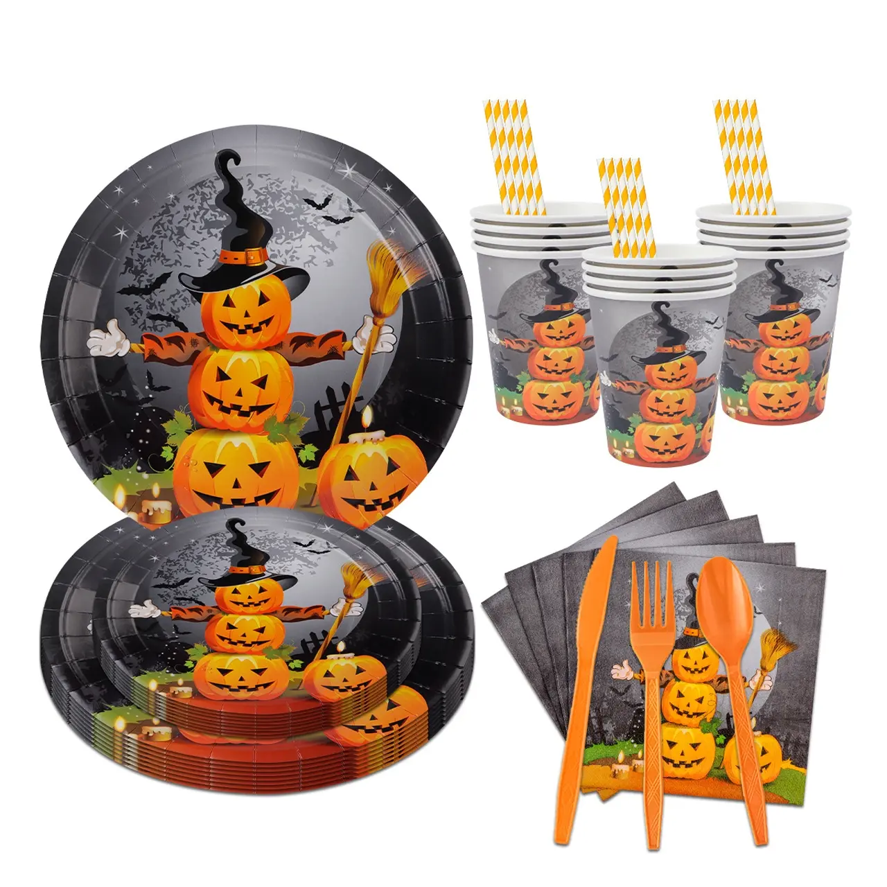Disposable Cutlery Set for 10/20/30 People, Halloween Party Supplies with Paper Plates, Cups, Napkins, Forks & Spoons, Pumpkin Theme Tableware