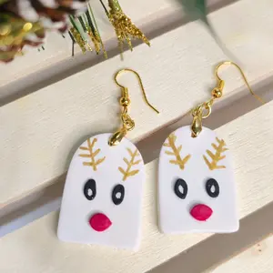 Reindeer Clay Earrings Handmade Christmas Dangle Earrings Cute Holiday Gift for Her with Gold Accents and Festive Design