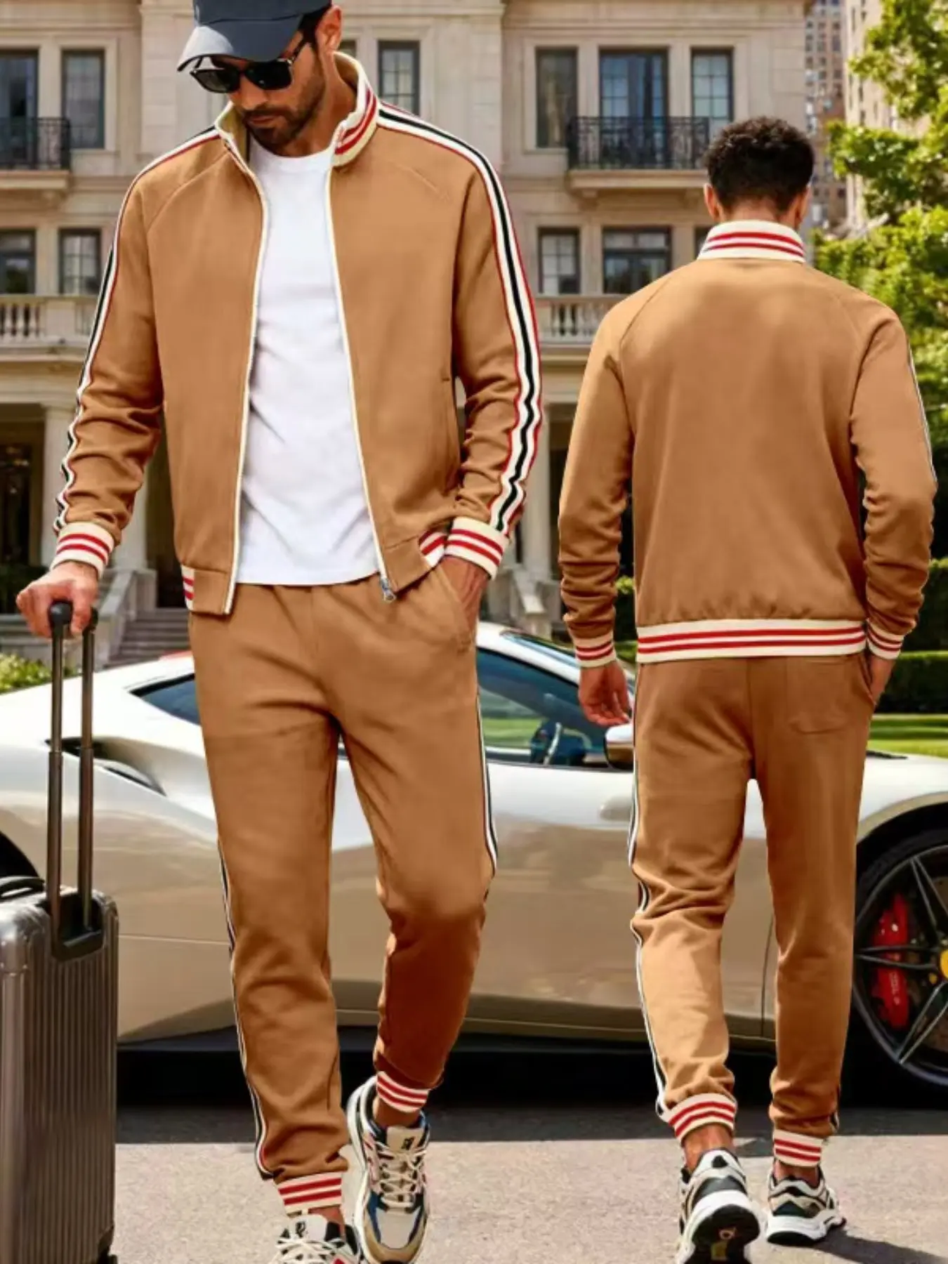 Men's 2-Piece Retro Stripe Tracksuit, Streetwear Tracksuit Set - Zip-Up Bomber Jacket & Drawstring Joggers, Athleisure wear, Casual Streetwear with Contrast Taping, for Daily Life, Travel, Outdoor Activities, Spring & Autumn, Multiple Colors Available
