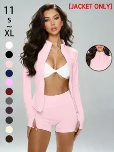 Women's Plain Zipper Yoga Jacket, Slim-Fit Sporty Jacket with V-Neck and Long Sleeves, Spring Summer Retro Gym Wear, Comfortable Home Fitness Top