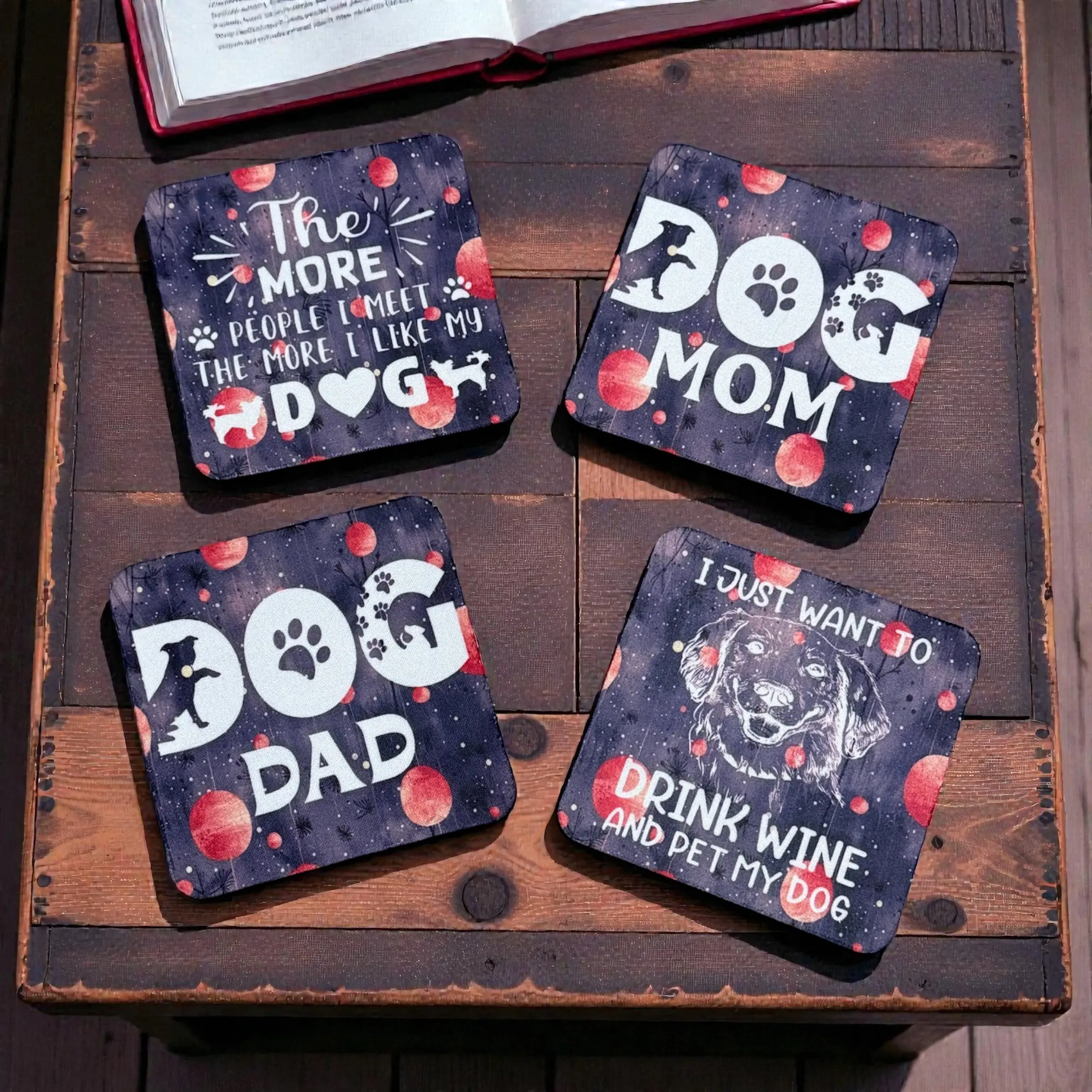 Custom Absorbent Neoprene Dog Inspired Coasters Set of 4, Non-Slip Base