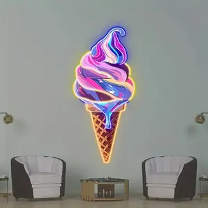 Ice Cream Cone LED Neon Wall Sign, Pink Blue Purple Swirl Design, USB Powered with Switch. Easy Install Plug & Play Neon Light, Stylish Wall Art for Ice Cream Parlor, Bakery, Kitchen, Home, Birthday Party & Dessert Shop Decoration