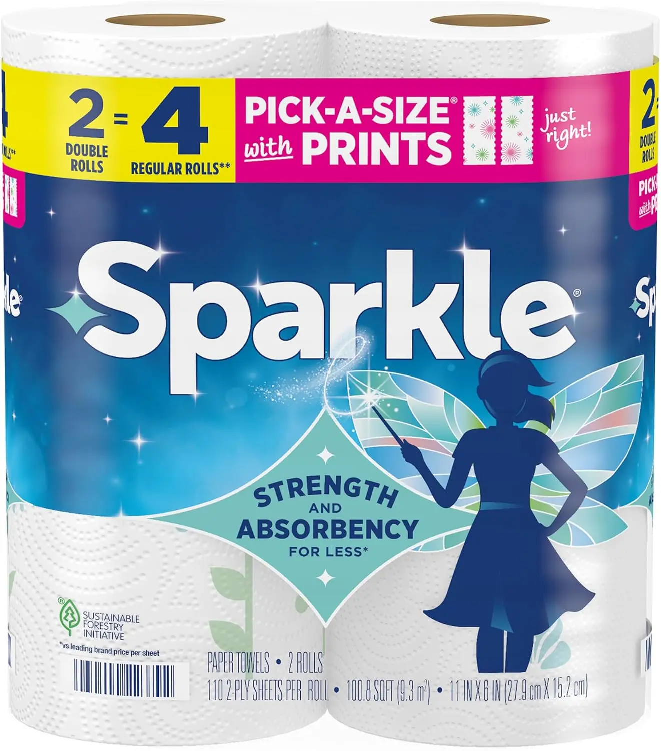 Sparkle Pick-A-Size 2-Ply Paper Towels with Spirited Prints, 2 Double Rolls, Sheets for Kitchen Cleanup and Everyday Messes
