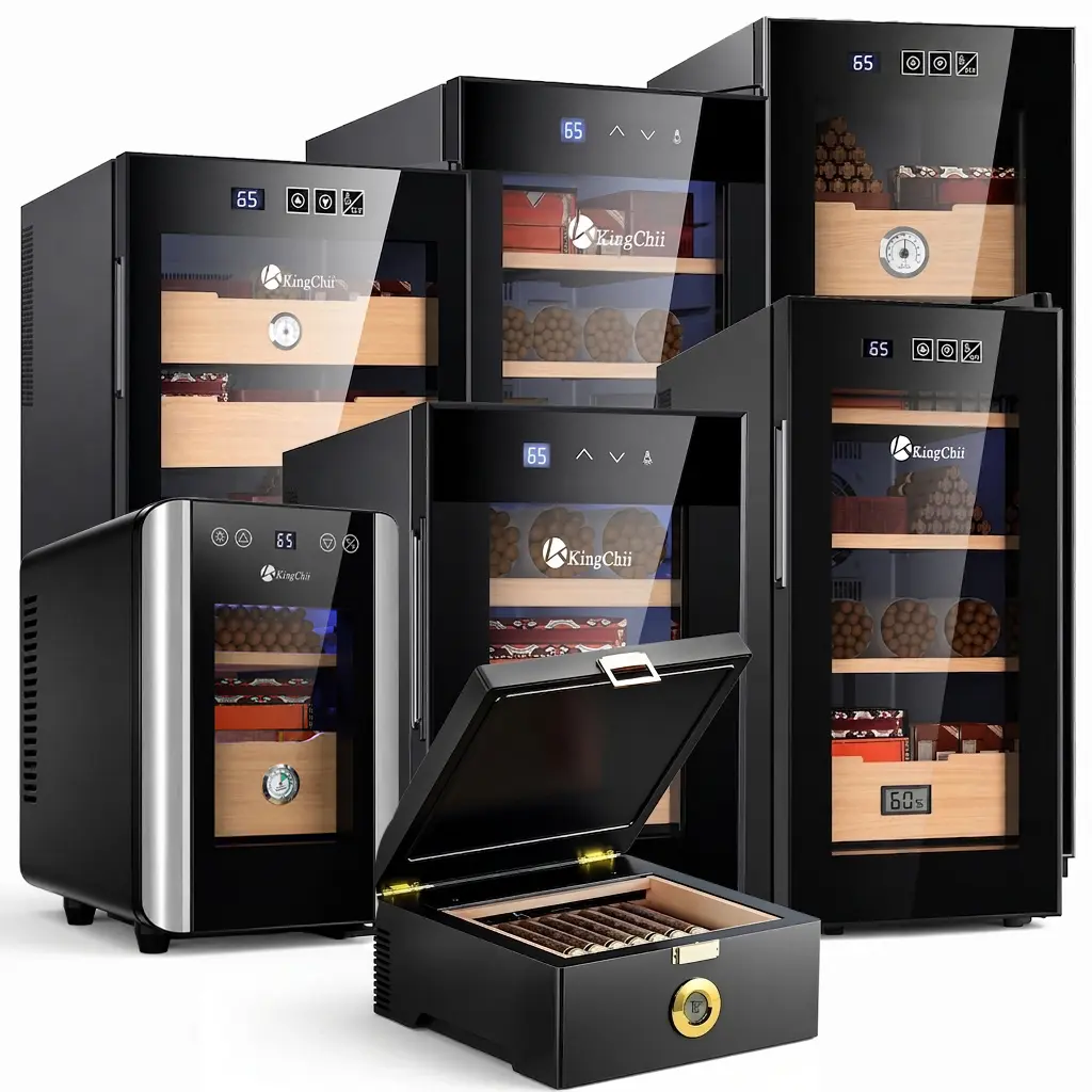KINGCHII Smart Electronic Humidor Cabinet, Spanish Cedar Wood Shelves Temperature Control Storage Unit, 3L-48L