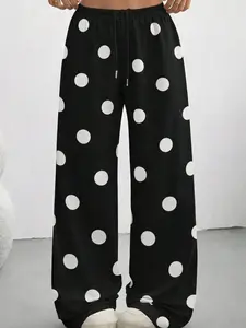 Women's Casual Sporty Loose Fit Long Pants, Casual Bottom, Fashion Polka Dot Print, Elastic Fabric, Suitable for Outdoor, Home, Dating Wear