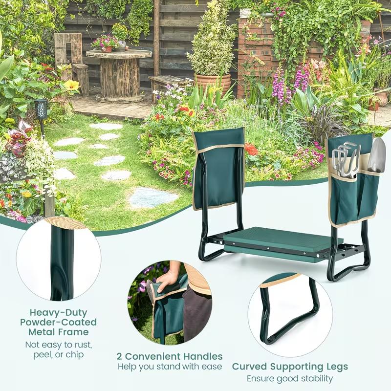2-in-1 Green Metal Garden Kneeling Stool & Seat, Heavy-Duty Foldable Bench with Tool Pouch, EVA Foam Kneeling Pad, Portable Garden Tool Gear for Gardening & Camping