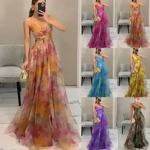 2025 Women’s Sheer Floral Print Strappy Dress European/American Spring–Summer Casual Party Adjustable Formal Style Comfortable Fit