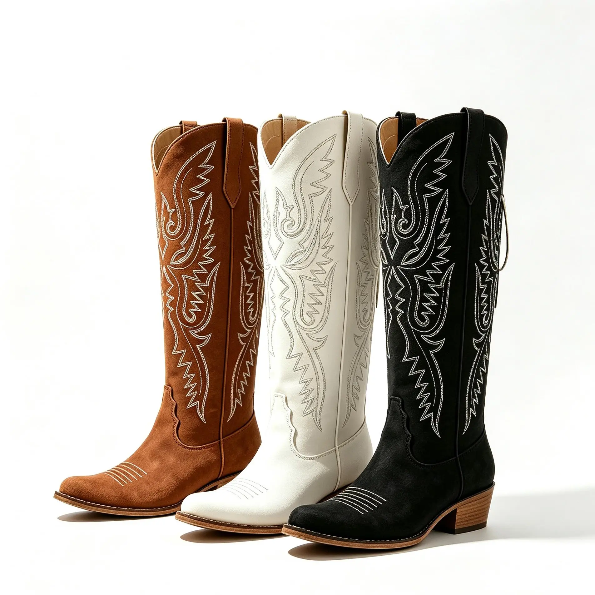 Women’s White Embroidered Knee-High Cowgirl Boots, Western Style Pointed Toe Block Heels, Wide Calf Side Zip Western Boots, Cowgirl Boot