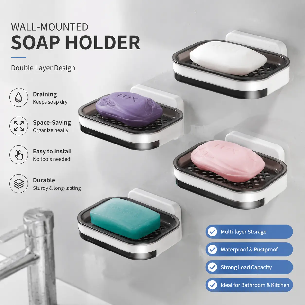 Wall Mounted Hand Soap Dish Organiser, 1-Count Double Layer Perforated Drainage Tray with Drip & Slide Prevention for Bathroom & Kitchen Storage