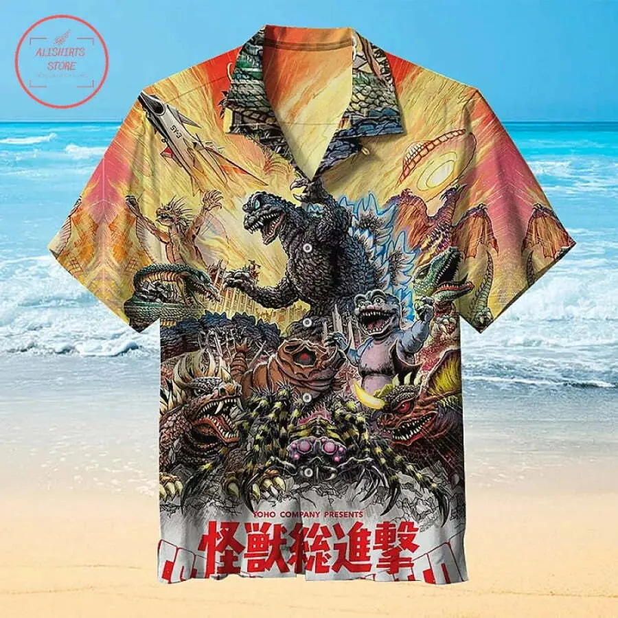 Vintage Monster Movie Hawaiian Shirt – Retro Kaiju Poster Art Aloha Shirt