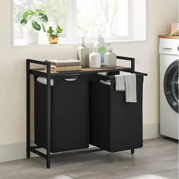 SONGMICS VASAGLE Rectangle Divided Laundry Organizer - Top Shelf, Pull-Out Bag Compartment Dirty Clothes Hamper, Modern Home Storage Clothes Basket, Clothes Baskets SONGMICS VASAGLE Rectangle Divided Laundry Organizer - Top Shelf, Pull-Out Bag Compartment Dirty Clothes Hamper, Modern Home Storage Clothes Basket, Clothes Baskets