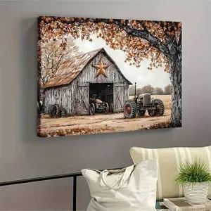Rustic Farm Barn & Vintage Tractor Canvas Wall Art, Autumn Country Landscape Painting for Farmhouse Home Decor, Serene Rural Scene Print Antique Ornaments