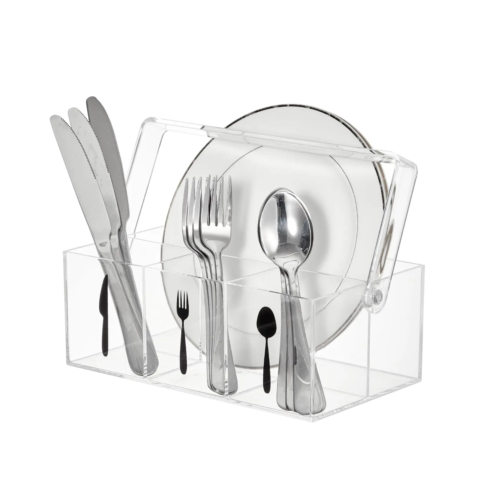 Garvee Acrylic Utensil Organizer with Handle, Plastic Cutlery Organizer and Cutlery Holder, Paper Plate Dispenser for Kitchen Countertop, Parties, Outdoor Picnic