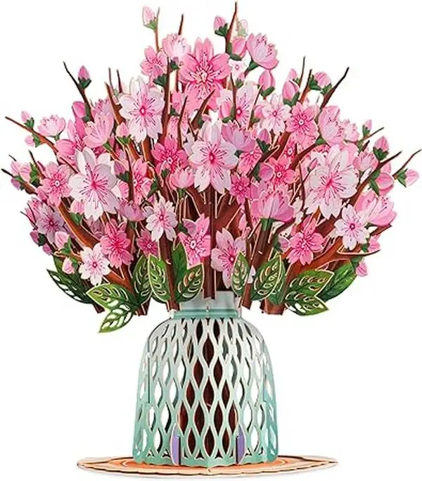 3D Cherry Blossom Flower Bouquet Pop Up Card, with Forever Flowers Keepsake, Mothers Day Gift For Mom, Wife, All Occasion - Oversized 10" X 7" Cards - Includes Envelope And Note